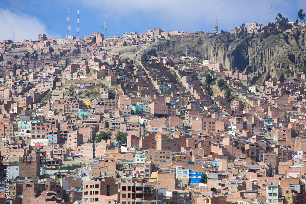 Aerial view of La Paz in Bolivia with many residential and offic