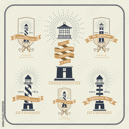 Vintage nautical lighthouse and ribbon labels set