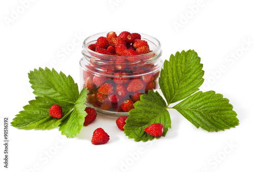 Ripe Wild strawberry in a bank on a white background