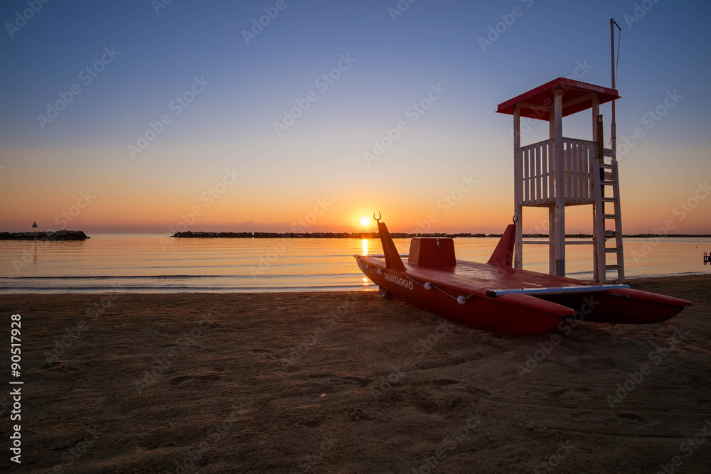 Typical red rescue boat in Italy, Romagna - obrazy, fototapety, plakaty 