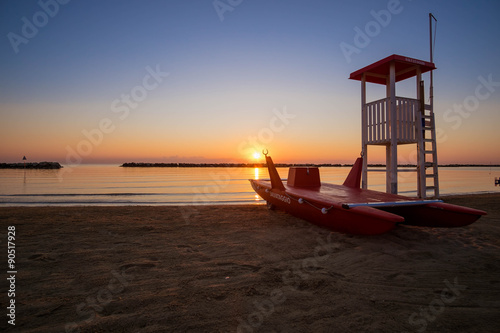 Typical red rescue boat in Italy, Romagna photo