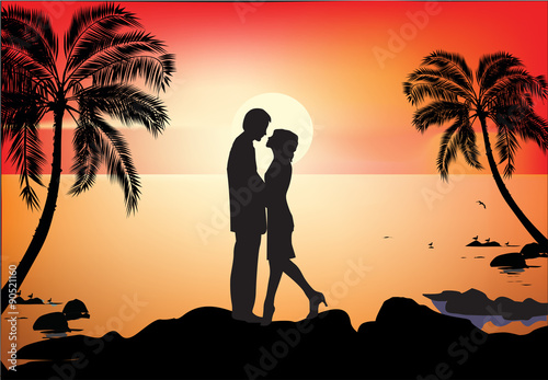 couple near palm trees at red sunset