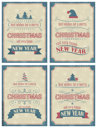 Set of Christmas and Happy New Year card with ornate elements in retro style