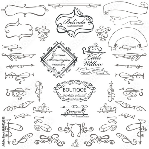 Swirling calligraphic elements,ribbons,Curled decor set for logo