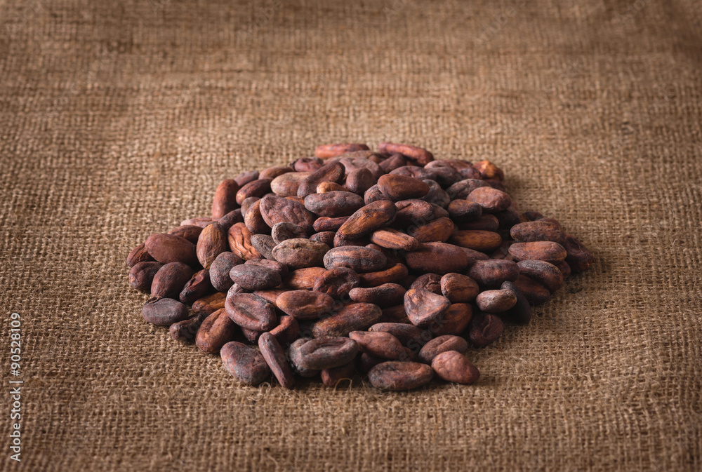 pile of raw cocoa beans on sacking