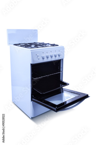 White gas Cooker, stove. Opened oven. Isolated on white.