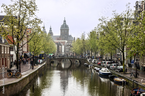 Amsterdam Cathedral and canal street houses, Netherlands: