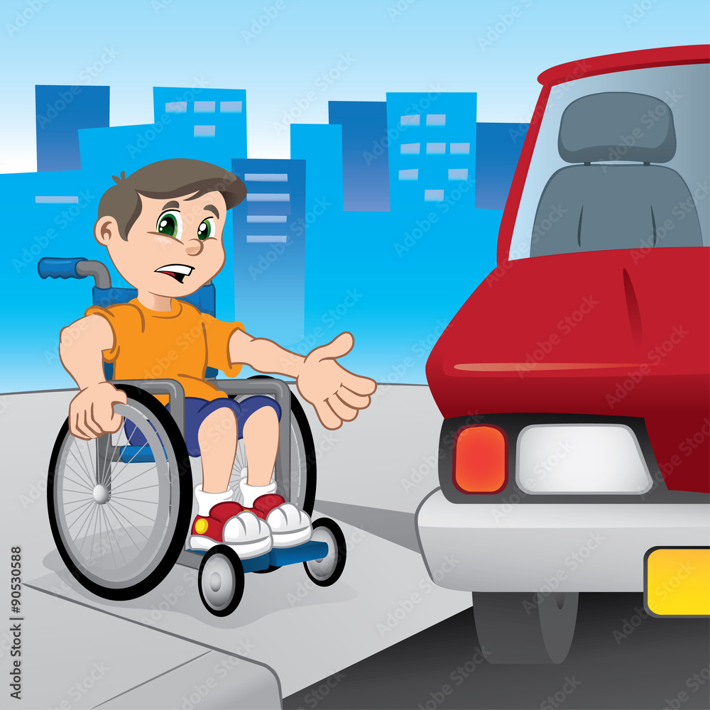 Boy wheelchair with difficulties, car parked on the ramp for disabled Boy wheelchair with difficulties, car parked on the ramp for disabled