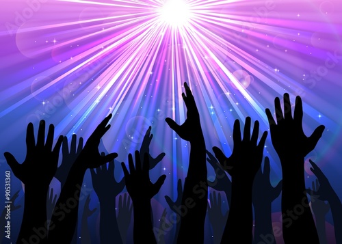 Illustration of hands raised from the people with light colourful