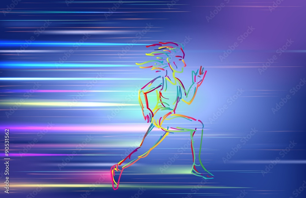 Woman running, using colorful zigzag line on blue background