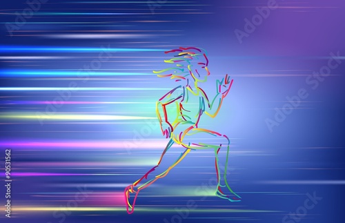 Woman running, using colorful zigzag line on blue background © artnovielysa