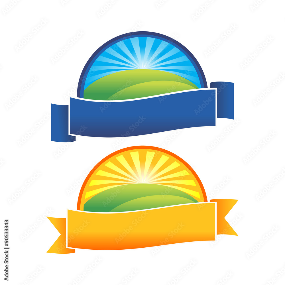 Farm Hill Nature Sunrise Blue and Orange Emblem Ribbons Stock Vector ...