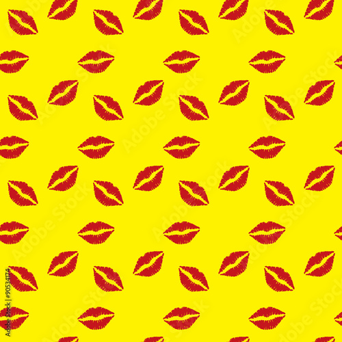 Seamless pattern red lips on yellow background