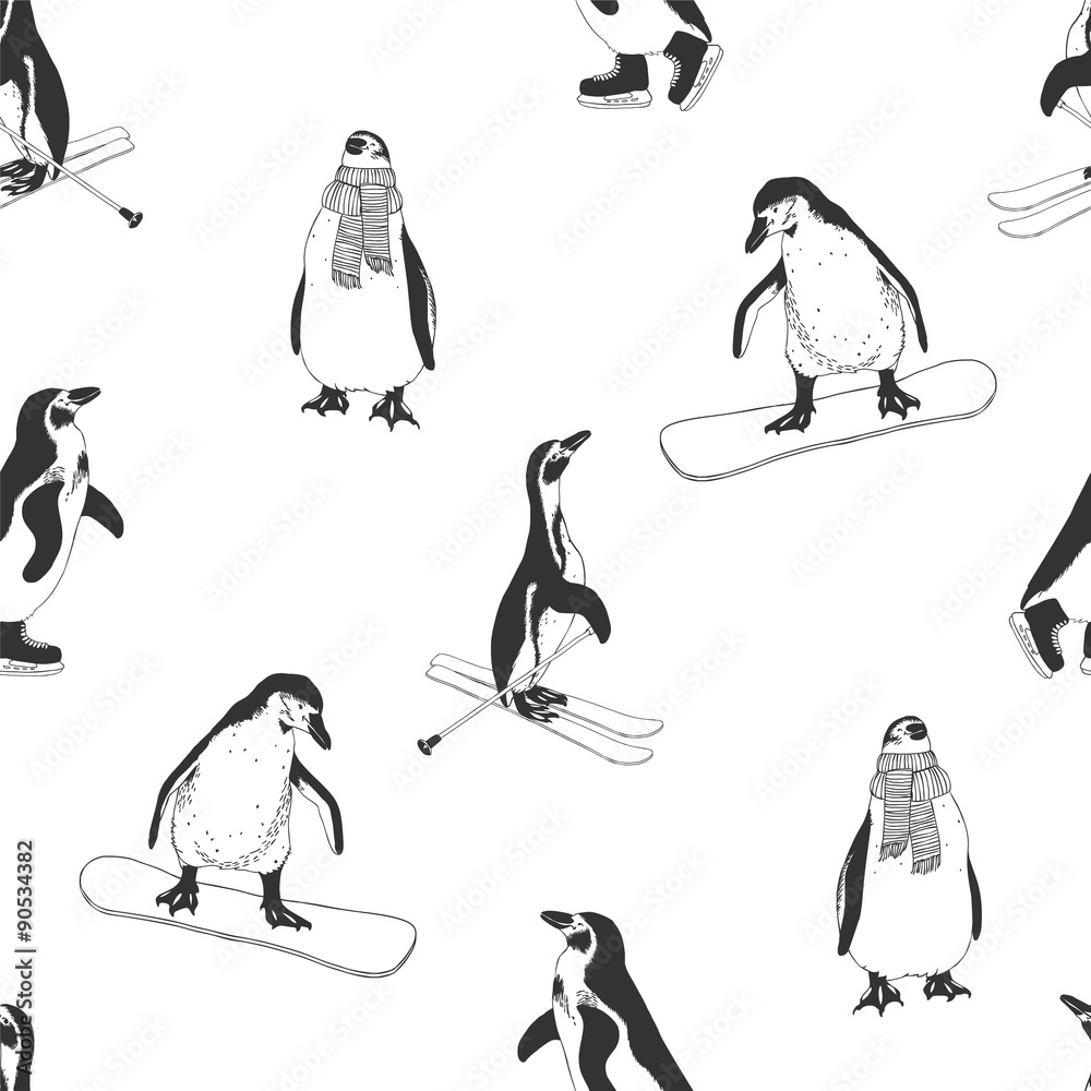 Seamless pattern - penguins. Winter sports. Black and white