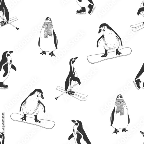 Seamless pattern - penguins. Winter sports. Black and white