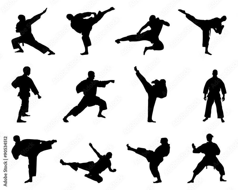 Black silhouettes of karate fighting, vector 