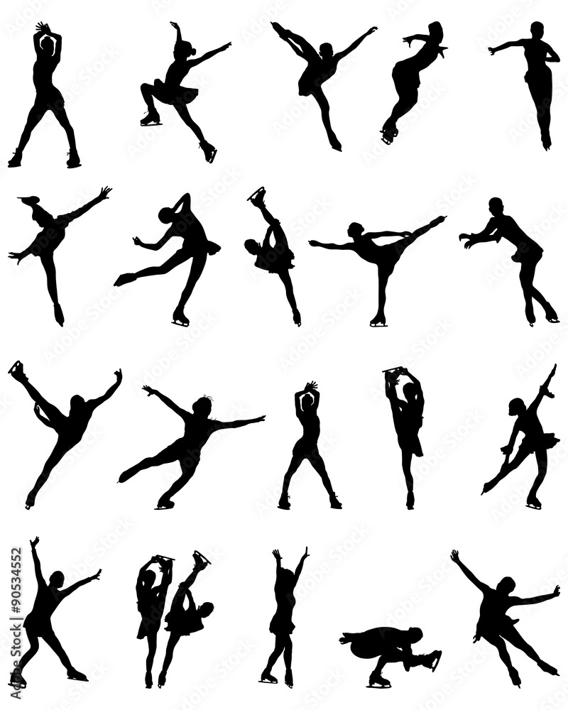 Black silhouettes of figure skaters, vector 