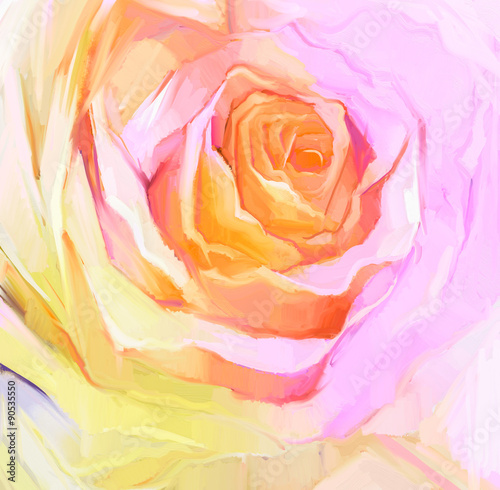  Oil Painting Close up rose flower. Hand Painted petals floral. Still life of white color flower, create image in soft pink and yellow color