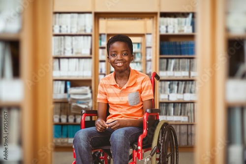 Portrait of happy boy on wheelchair