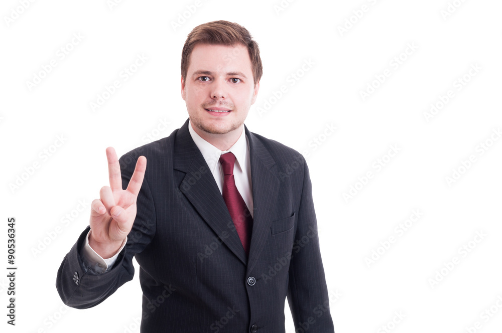Accountant or financial manager showing peace and victory gestur Accountant or financial manager showing peace and victory gestur