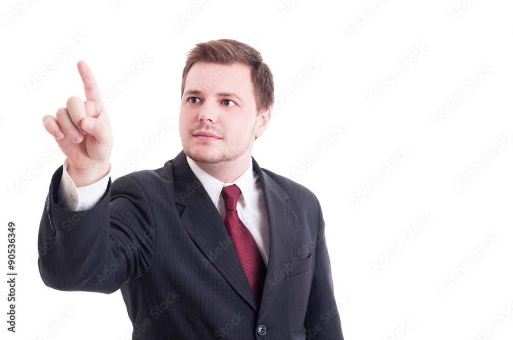 Accountant or financial manager poiting finger on invisible scre Accountant or financial manager poiting finger on invisible scre