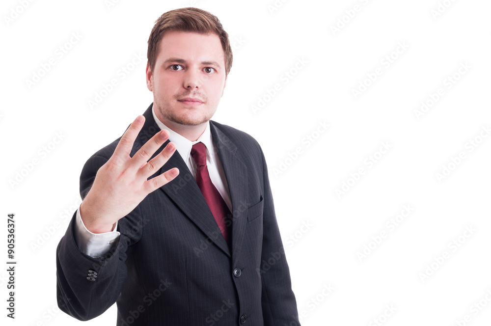 Accountant or businessman showing number four with fingers Accountant or businessman showing number four with fingers