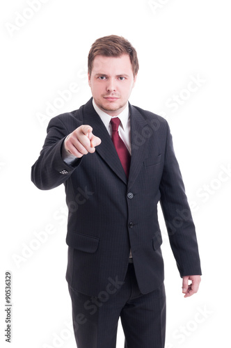 Accountant or financial manager pointing finger to the camera