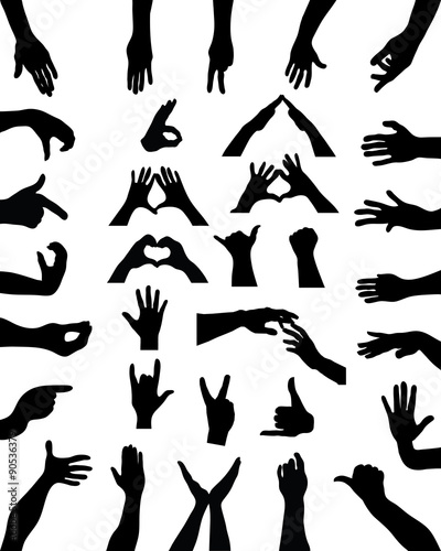 Big set of black silhouettes of hands, vector