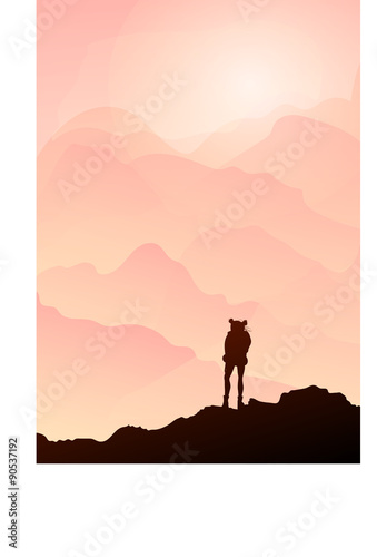 Illustration with a mountain landscape and a girl