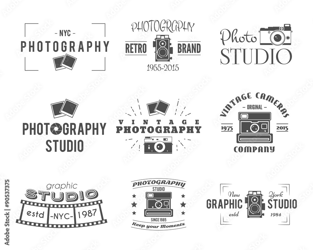 Vintage Photography Badges, Labels. Monochrome design with