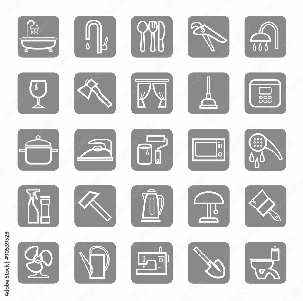 Icons, household goods, appliances, plumbing, white outline, grey background. 