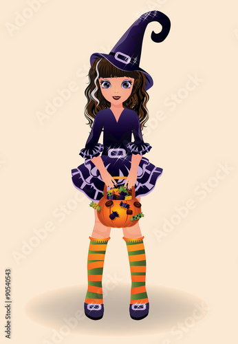 Halloween little witch and candy, vector illustration