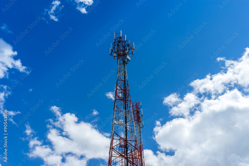 Steel telecommunication tower with antennas over blue sky 1 Steel telecommunication tower with antennas over blue sky 1