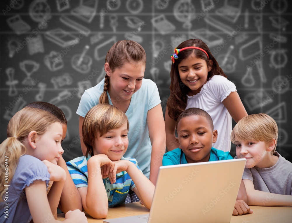 Composite image of cute pupils using tablet computer in library Composite image of cute pupils using tablet computer in library