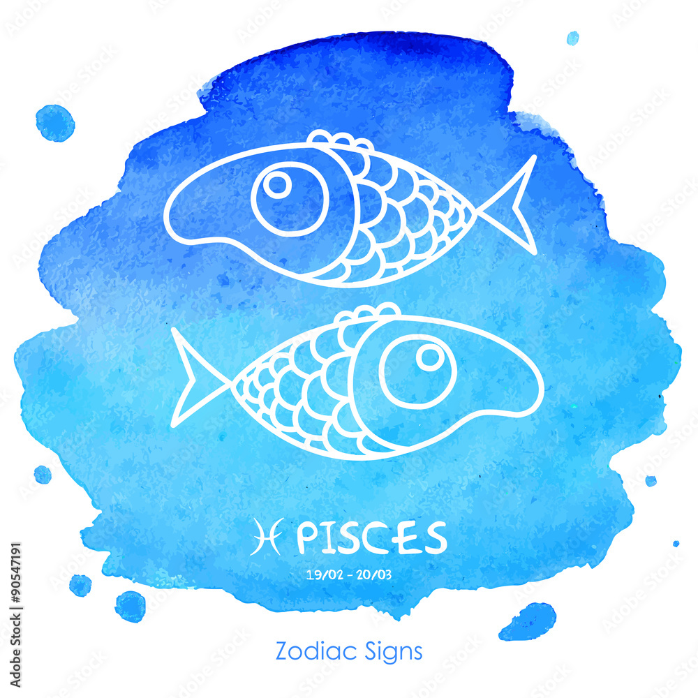 Pisces /Funny cute Pisces on a blue background watercolor Stock Vector |  Adobe Stock