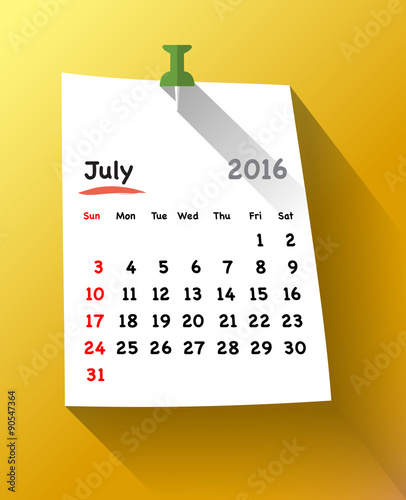 Flat design Calendar for july 2016 sticky
