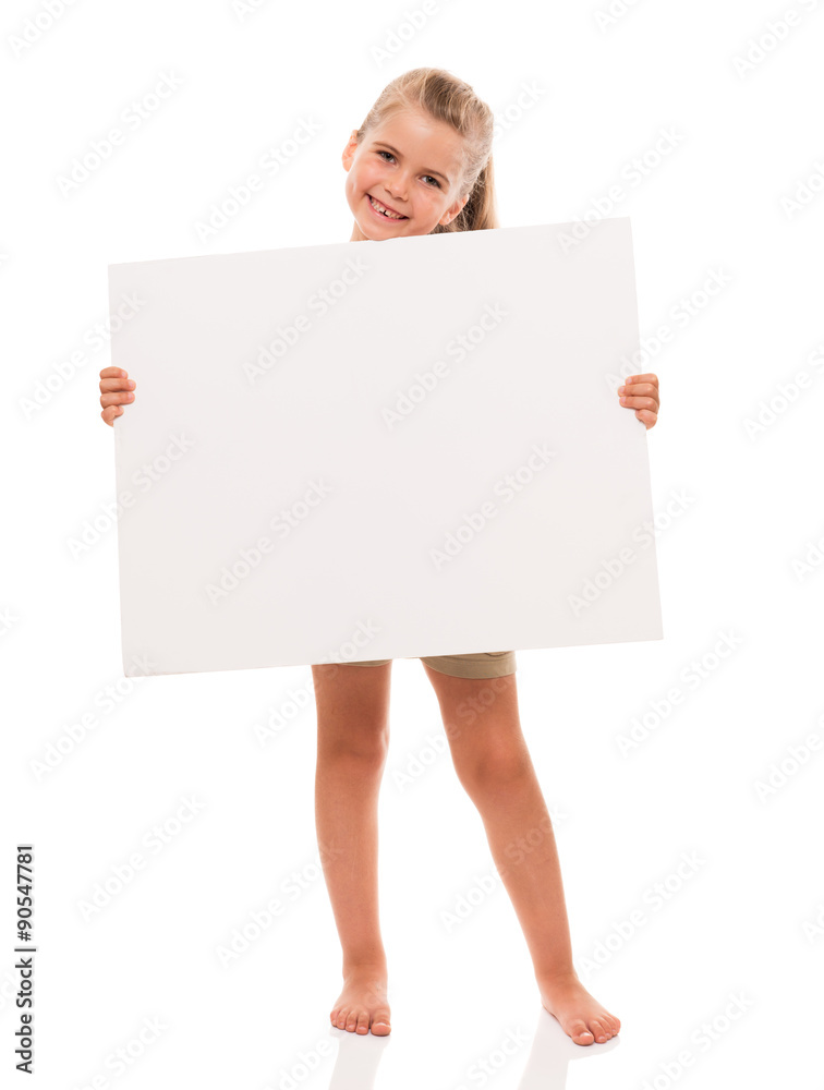 little girl is standing on white background and holding white ca little girl is standing on white background and holding white ca