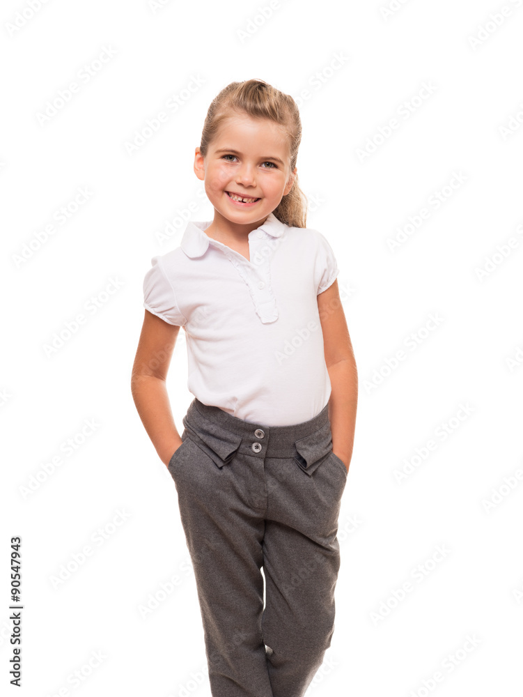 cheerful little girl wearing white t-shirt and pants isolated on cheerful little girl wearing white t-shirt and pants isolated on