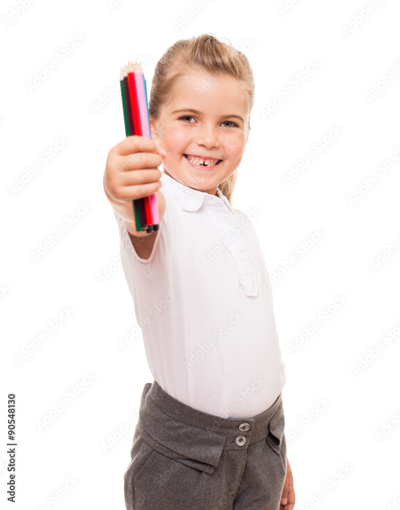 Little girl holding a few colorful pencils on white Little girl holding a few colorful pencils on white