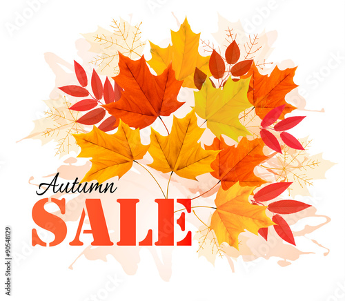 Autumn Sales Banner With Colorful Leaves. Vector.