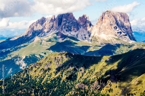 panoramic view of the Langkofel group, a massif in the Dolomites