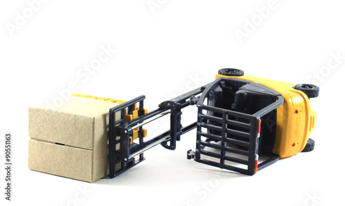 Accident of Electrical forklift and rack isolated on a white bac