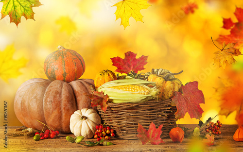 Autumn background with pumpkins, close up.