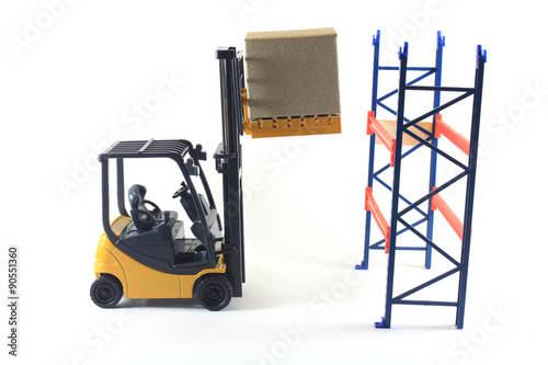 Accident of Electrical forklift and rack isolated on a white bac
