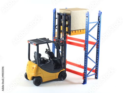 Accident of Electrical forklift and rack isolated on a white bac