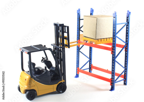 Accident of Electrical forklift and rack isolated on a white bac