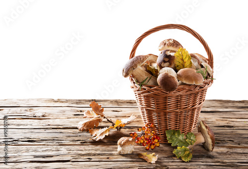 boletus mushrooms in a basket on wooden background