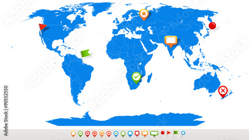 Vector illustration of World map and navigation icons.