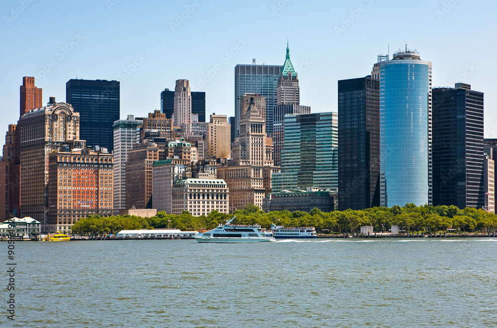 U.S.A., New York,Manhattan,the skyline of the city seen from the ferry to Liberty island
