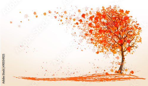 Autumn background with a tree and golden leaves. Vector.